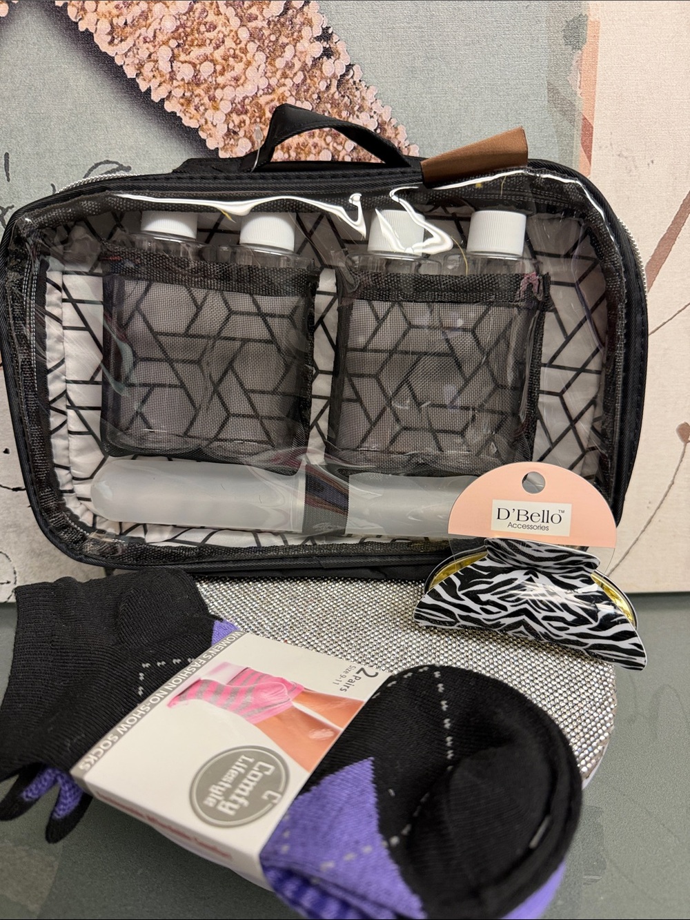 Ellen Tracy Clear Travel Cosmetic Bag with Black Trim